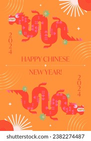 Year of the dragon 2024.Chinese New Year greeting banner template.Festive vector background in flat modern style with geometric symbols.Holidays design for branding,invitations,prints,social media