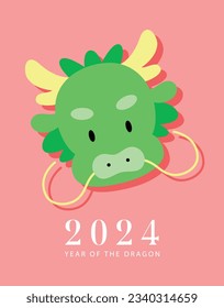 Year of the dragon asian dragon head card. Minimalist card for chinese new year, cute cartoon zodiac baby dragon.