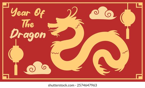 Year of the dragon banner. Chinese dragon icon and different elements on a red background. 