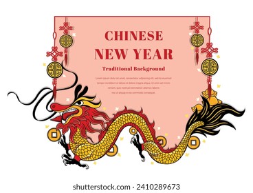 Year of the Dragon banner design, Chinese lunar new year elements Chinese New Year festive design, red background, vector illustration.