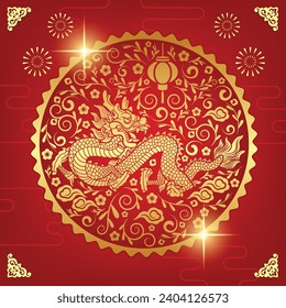 Year of Dragon Banner vector illustration , golden dragon surrounded by decorative elements of leaves, flowers, chinese lanterns. Chinese new year banner.
