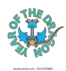 Year of the dragon with blue funny dragon with wings in pay respect action drawing in colorful cartoon vector