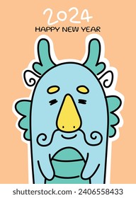 Year of the dragon cartoon card illustration. Funny asian dragon face vector illustration. Chinese new year 2024 greetings card.
