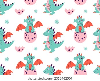 Year of Dragon, Chinese Happy New Year 2024. China lunar calendar animal. Cute carton dragons seamless pattern.