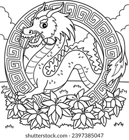 Year of the Dragon with Flowers Coloring Page 