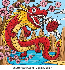 Year of the Dragon Holding Lantern Colored Cartoon