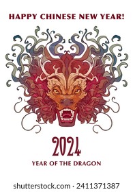 The Year of Dragon Holiday Poster or Postcard. Zodiac symbol of the New Year 2024. Line drawing of the Chinese dragon head coloured and isolated on a white background. NOT AI. EPS10 vector.