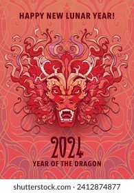 The Year of Dragon Holiday Poster or Postcard. Zodiac symbol of the New Year 2024. Line drawing of the Chinese dragon head coloured and isolated on an ornamental background. NOT AI. EPS10 vector.