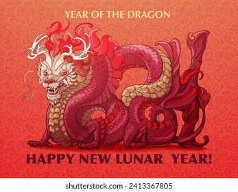The Year of Dragon Holiday Poster or Postcard. Zodiac symbol of the New Year 2024. Dragon body curved to form 2024. Line drawing coloured and isolated on red textured background. NOT AI. EPS10 vector.