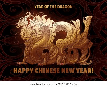 The Year of Dragon Holiday Poster or Postcard. Zodiac symbol of the New Year 2024. Dragon body curved to form 2024. Golden dragon isolated on a black textured background. NOT AI. EPS10 vector.