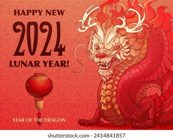 The Year of Dragon Holiday Poster or Postcard. Zodiac symbol of the New Year 2024. Dragon body curved to form 2024. Line drawing coloured and isolated on red textured background. NOT AI. EPS10 vector.