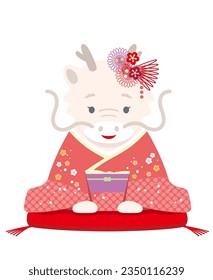 The Year Of The Dragon Mascot Dressed In Japanese Kimono Offering Her New Year Greetings. Vector Illustration Isolated On A White Background.