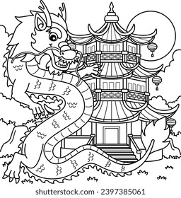 Year of the Dragon with Pagoda Coloring Page 