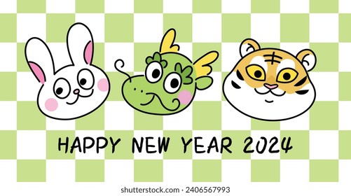 Year of the dragon zodiac animals card. Chinese new year 2024 greetings card or banner, three zodiac animals, dragon, rabbit and tiger.