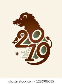 Year of the Earth Boar 2019. Pig 2019. Stylish vector poster with color inserts graphic abstract forms. New Year's design on the Chinese calendar.