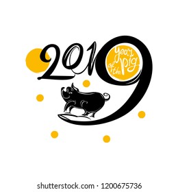 Year of the Earth Pig 2019 on the Chinese Calendar. New Year greeting template. 2019 calligraphy and boar. Vector Illustration.
