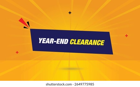 Year End Clearance editable web banner vector art badge icon label template design with dark blue shapes orange yellow business abstract sun shine background unique modern marketing graphic