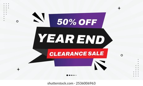 Venda de compensação de fim de ano! Obtenha até 50% de desconto - Modelos de banner de venda de desconto com formas de elemento em preto, vermelho, roxo, branco Gradiente de fundos - Perfeito para ofertas de captura de olhos Promoções