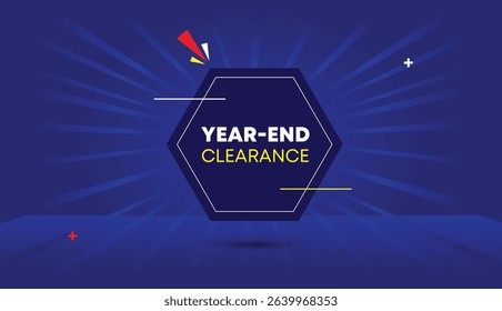 Year end Clearance web banner vector art illustration label icon badge template design dark blue shapes light blue sun shine abstract background 4k sale poster promotion modern graphic trendy style
