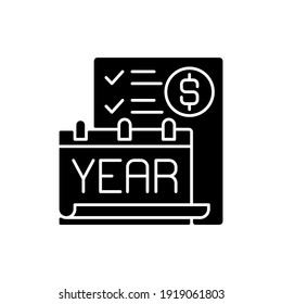 Year end closing procedure black glyph icon. Reviewing all accounts to ensure they accurately reflect the activities for the fiscal year. Silhouette symbol on white space. Vector isolated illustration