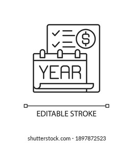 Year end closing procedure linear icon. Reviewing accounts to ensure that they reflect activities. Thin line customizable illustration. Contour symbol. Vector isolated outline drawing. Editable stroke