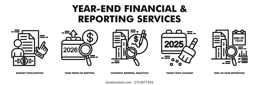 year end financial and reporting services banner web vector illustration with icons of budget finalization, annual tax prep assistance, contract renewal analytics, yearly data cleanup, end of year reporting
