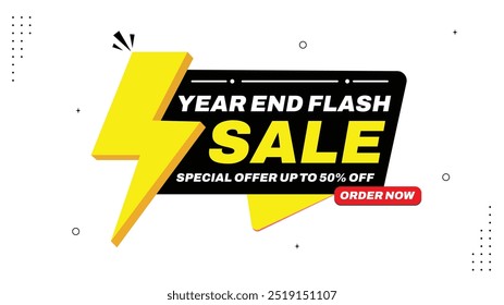 Fim de ano Flash Sale! Oferta especial Até 50% Off Order Agora Eye Catching Venda Banner Element Template em Preto Amarelo Laranja Fundo Verde e Branco Não perca em grandes descontos