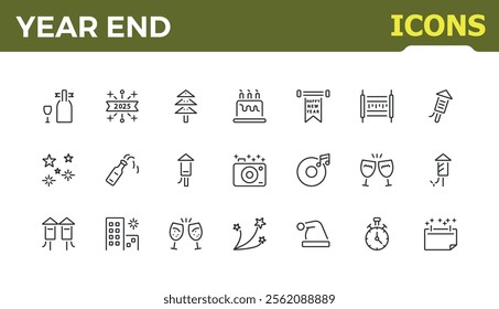 Year end icon set. Icons balloon, new, happy new year, celebration, event, new year and more. Collection for mobile and web apps. Minimalist editable vector illustration.