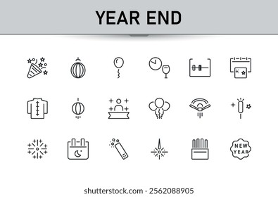 Year end icon set. Icons balloon, new, happy new year, celebration, event, new year and more. Collection for mobile and web apps. Minimalist editable vector illustration.