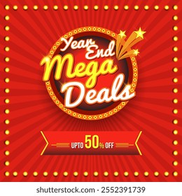 Year End Mega Deals Logo Unit. Red Retro Vintage Lights Bg vector. Retail Shopping, Advertising, Announcement, Promo, Sale, Offers