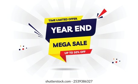 Year End Mega Sale up to 50% off limited time offer banner template design featuring a light yellow and dark blue gradient with red shapes, perfect for eye-catching promotions and attracting customers