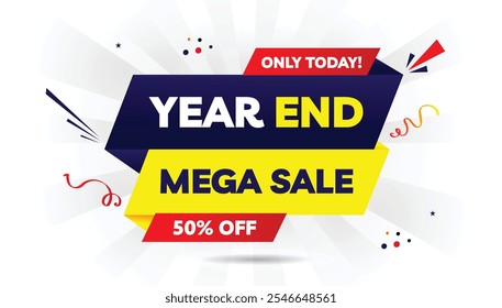 ano final Mega Sale 50% Off Only Today Projeto de modelo de banner editável com fundo branco gradiente amarelo claro e azul escuro e formas vermelhas ousadas perfeitas para descontos de férias, promoção sazonal