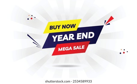 Year end mega sale buy now banner editable template design featuring a light yellow and dark blue gradient with red shapes on a white background, perfect for holiday promotions and best sales events