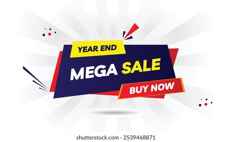 Year End Mega Sale Buy Now banner editable template design featuring a light yellow and dark blue gradient with a white background and eye-catching red shapes, perfect for attracting customers during 