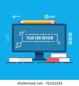 Year End Review Vector Concept, Project Report, Year End Summary, Computer Monitor With Heap Of Books Flat Vector Illustration