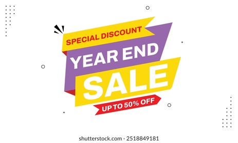 Year End Sale Up to 50% Off Shop Now for Special Discounts with Red Purple Blue Shapes Elements Banner Template on White Background Perfect for Eye Catching Designs and Unbeatable Deals