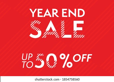 Year end sale up to 50 percents off on red and white background