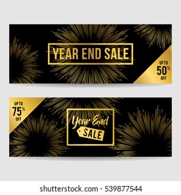 Year end sale banner collection in gold with square frame isolated and fireworks background