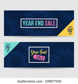 Year end sale banner collection with square frame isolated and fireworks background