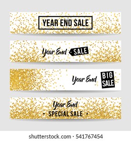 Year end sale banner collection with gold confetti background