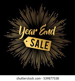 Year End Sale Banner In Gold With Fireworks Background