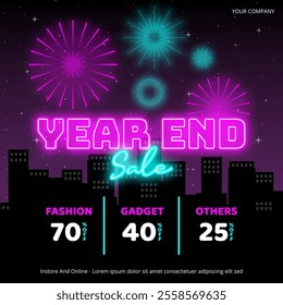 Year End Sale banner with neon text and fireworks