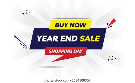 Year End Sale Buy Now shopping day banner editable template design featuring a light yellow and dark blue gradient with a white background and eye catching red shapes, perfect for attracting customers