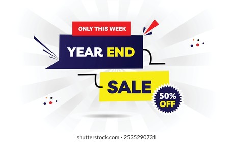 Year end sale only this week 50% off editable banner template design featuring a light yellow and dark blue gradient with white background and bold red shapes, perfect for promotions and discounts