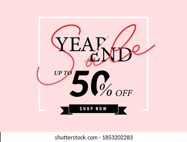 Year end sale poster or flyer design. End of year sale up to 50% off on pink background.