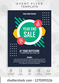 Year end sale poster vector with colorful abstract object on flat color style for clearance sale. New year sale flyer vector for advertising and ready to print. 