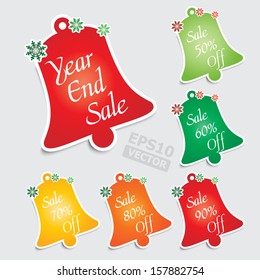 Year End Sale Price Tags With Sale 50 - 90 percent off text present by colorful bells.-EPS10 Vector