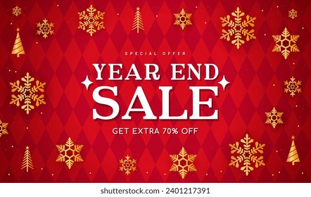 Year End Sale promotion vector illustration. Golden snowflakes on red diamond pattern background.	