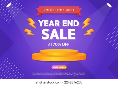 Venta de fin de año. Oferta especial Mega venta hasta 70% de descuento con podio realista. Ilustración vectorial de fondo del cartel