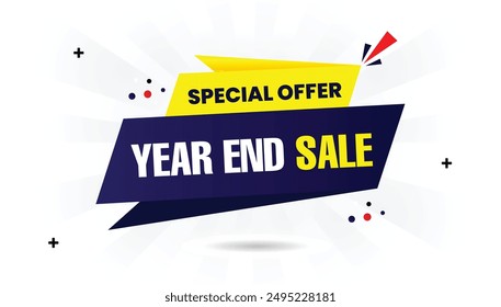 Year End Sale special offer banner template with a white background, dark blue gradient, and light yellow shapes, ideal for promoting end of year discounts and sales special, discount, promotion, prom